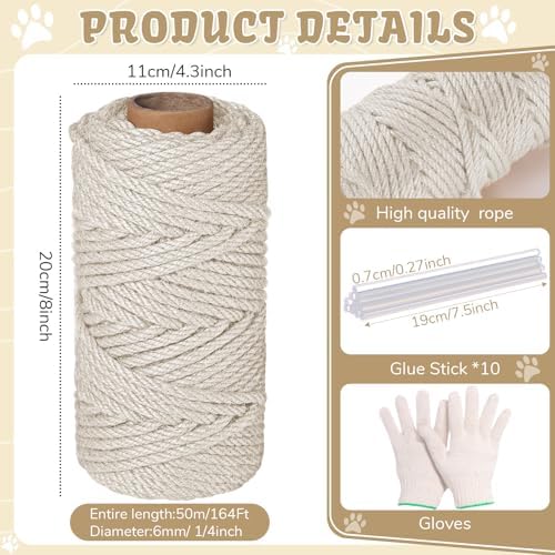 Natural Sisal Cat Rope for Posts, 1/4in ×164ft, White