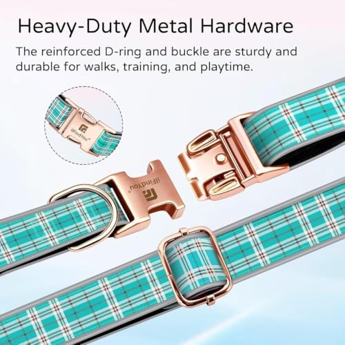 Reflective Plaid Dog Collar for Large Dogs, Light Green-L