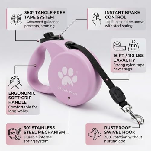 Retractable Dog Leash, 16ft Heavy Duty Nylon Tape for Large Dogs up to 110 lbs, One-Hand Brake & Lock, Tangle-Free, Ergonomic 3.2" XL Handle, Lightweight 0.56lb Pink L GC-DAN