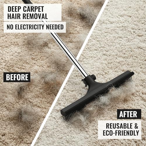 – 3 in 1 Pet Hair Removal Pro Life Carpet Rake with Adjustable Handle – Heavy Duty Dog & Cat Hair Remover for Carpet, Rug, Couch & Furniture – Reusable Lint Scraper Tool