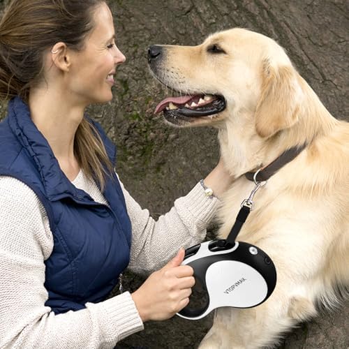 16Ft Retractable Dog Leash - for Small to Medium Dogs Up to 66lbs, Heavy Duty Retractable Leash with Light Rechargeable, Quick Lock Braking & Non-Slip Handle (White)