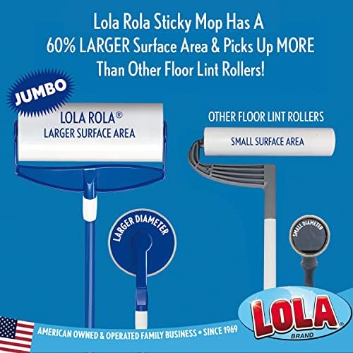 LOLA Rola PET Hair Remover Sticky Mop, Giant Floor Lint Roller, 9.5" x 3.5", Extender Handle, Largest Head, Traps Hair, Dust, Dirt, Extra Sticky Sheets