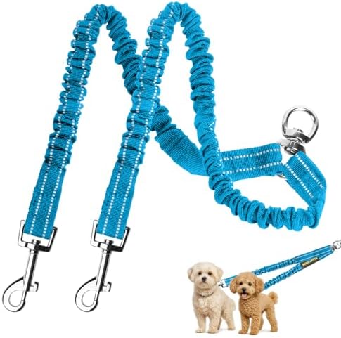 MingXpet 2 Dog Leash, Dog Leash for 2 Dogs, 360° Swivel No Tangle Double Walking Training Leashes for Small Dogs, Comfortable Shock Absorbing Reflective Bungee, Blue