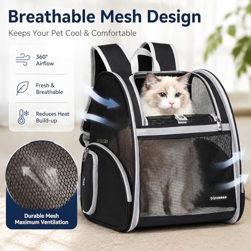 Cat Backpack Carrier for Small Dogs and Medium cat Puppy Kitten Bunny Pet Carrier Backpack Collapsible with Fully Ventilated Mesh with Safety Leash (Black, 12.9" L x 10.62" W x 15.5" H - M)