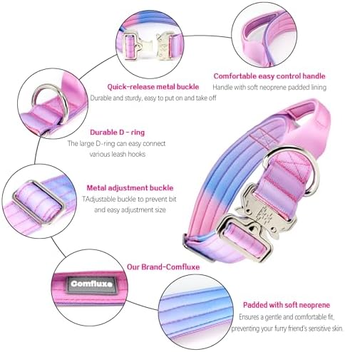 Thick Tactical Heavy Duty Dog Collar with Handle for Large Dogs (Pink)