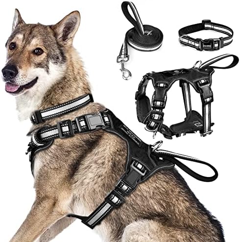 WINSEE Pet Harness Collar and Leash Set, All-in-one Reflective Dog Harness No Pull with Adjustable Buckles for Puppies, Small, Medium, Large, and Extra-Large Dogs (X-Large, Black)