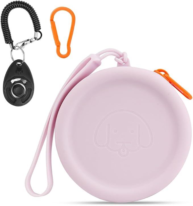 WALLFID Silicone Dog Treat Pouch Small Bag,with Pet Training Clicker,Walking Bag for Dog and Cat, Pocket Size, Easy to Clean, Odorless, Zipper Design,Moisture-Proof,Travel Walking Bag.(Purple)