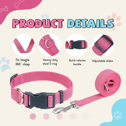 Reflective Dog Collar and Leash Set, Nylon Dog Leash with Heavy-Duty Steel D-Ring, Adjustable with Quick Release Buckle for Medium Dogs, Pink M