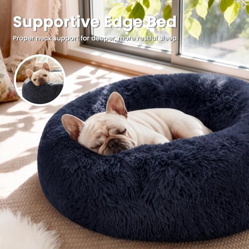 Love's cabin Calming Cat Bed for Indoor Cats, Anti-Anxiety Donut Round Dog Bed, Fluffy Faux Fur Washable Pet Bed for Small Medium Dogs and Cats, Navy, 20in