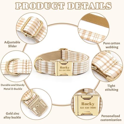 Custom Personalized Dog Collars with Pet Name/Phone Number Engraved Gold Metal Buckle - Soft Adjustable Collar for Small Medium Large Dogs (Plaid)