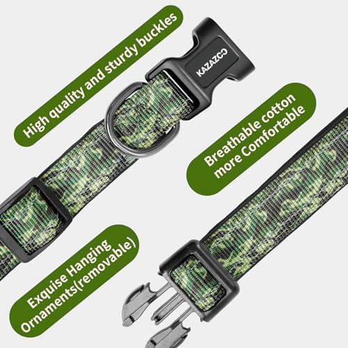 Kazazoo Medium Dog Collar, Reflective Nylon Collar,No Pull,Soft Neoprene Breathable & Quick Release Buckle Dog Collars for Bulldog,Husky,Border Collie-Green camo-M