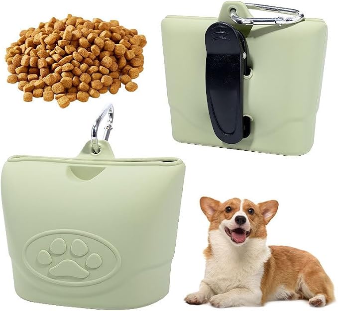 Silicone Dog Treat Pouch-Small Training Bag-Portable Dog Treat Bag for Leash with Magnetic Closure and Waist Clip Dog Training Fanny Pack (Dark Green)