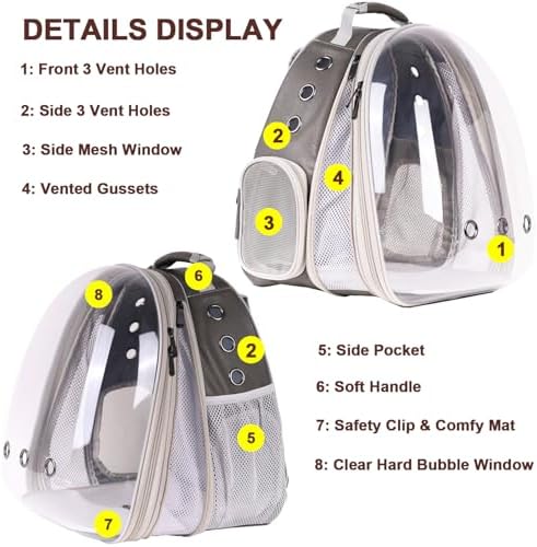 Front Extension Cat Backpack Carrier Cage for Large Cat, Up to 20 Pounds, Synthetic Leather Space Capsule Clear Bubble Window, Pet Carry Transport Book Bag