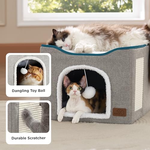 Bedsure Cat House Bed for Indoor Cats with Fluffy Ball and Scratch Pad,Grey
