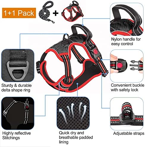 tobeDRI No Pull Dog Harness Adjustable Reflective Oxford Easy Control Medium Large Dog Harness with A Free Heavy Duty 5ft Dog Leash, Black/Red, L