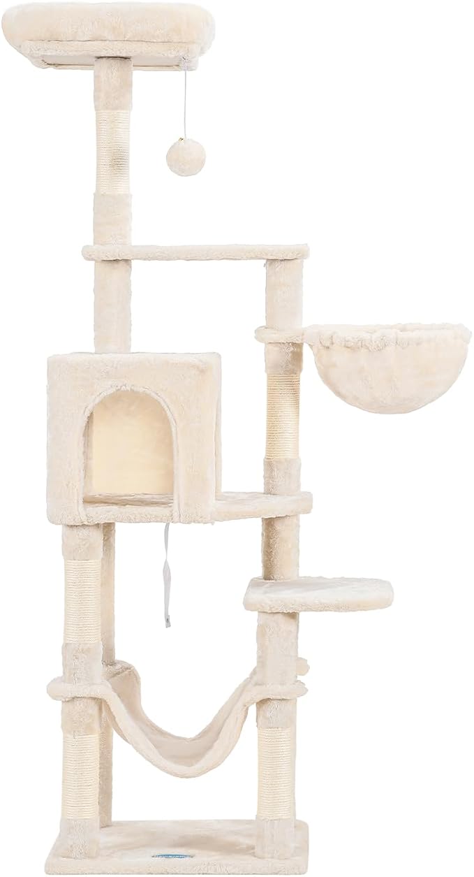 Hey-brother Cat Tree, Multi-Level Sisal Covered Scratching Posts, MPJ050M | 60.6 Inches Tower with Condo, Large Hammock, Top Perch, Toy Ball for Indoor Multi-Cats Households, Beige