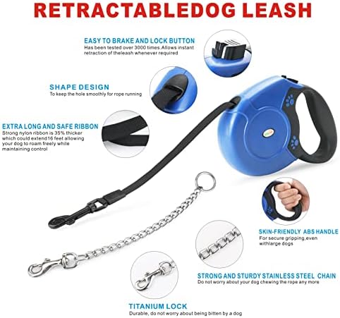 Idepet Heavy Duty Retractable Dog Leash Steel Chain 16ft Pet Leashes