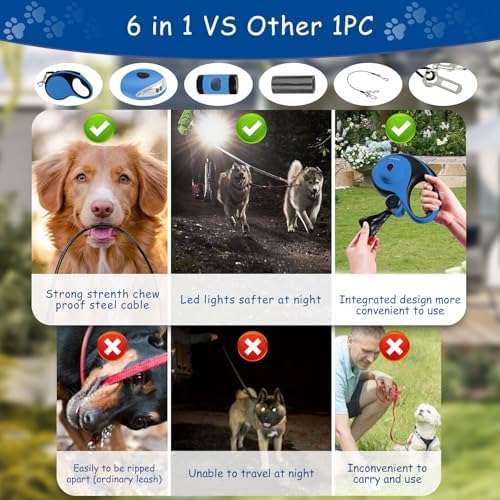26Ft Retractable Dog Leash - for Dog Up to 110lbs, Tangle Free Walking Leash with Chew Proof Cable | LED Light | Dispenser | Poop Bags, Quick Lock Braking & Non-Slip Handle (Blue)