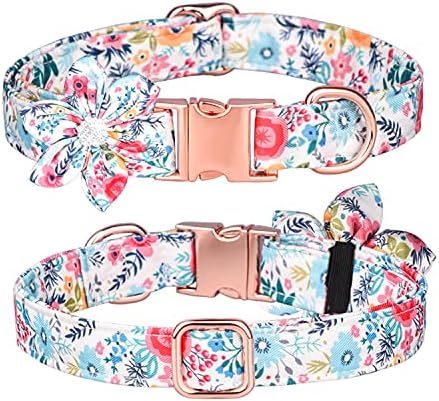 Floral Pattern Puppy Collar - Cute Dog Collar with Detachable Rhinestone Flower for Female Dogs (S, White)