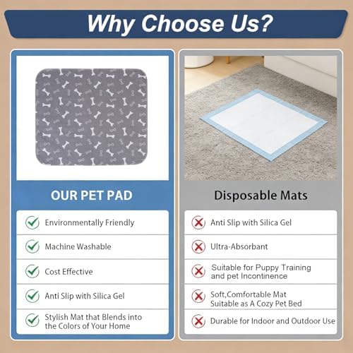 Puppy Pads with Pheromones, Washable Pee Pads for Dogs Potty Training, Reusable Dog Mat with Pet Hair Removal Gloves for Playpen, Crate, Whelping Box (Gray,L)