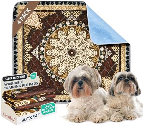 Qeils Washable Pee Pads, Reusable Puppy Pads 4 Pack 30"x34" Super Absorbent Leakproof Dog Training Pads, Non-Slip Wee Wee Pads for Crate, Floor, Potty Pads Feeding Mat Dog Pee