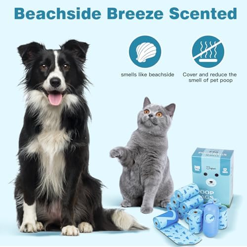 Joyeux 240 Count Ocean Scent Dog Poop Bags Rolls,with Dispenser,Leak-Proof Large Doggie,Extra Thick Poop Bag for Dogs,Cats Litter Bags,Blue Trash Bags for Doggy Pets Bolsa de Popo de Perro (Pack of 2)