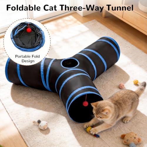 Tempcore Cat Tunnel, 3-Way Collapsible Toy, Large Size Black & Royal Blue