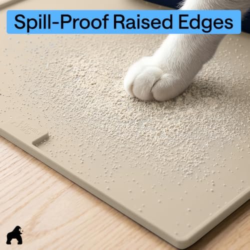 GORILLA GRIP Cat Litter Box Mat, Easy Clean Silicone Mats, 35x23 Beige
