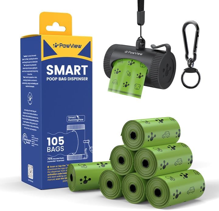 Dog Poop Bags Rolls with Retractable Poop Bag Holder, Leak Proof and Extra Thick Lavender Pet Waste Bags, 1 Dispenser and 105 Bags for Doggy Walking & Cat Litter