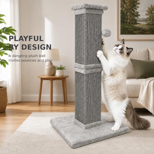 Vertical Cat Scratching Post for Indoor Cats, Sisal Scratch Tower with Soft Plush Base & Dangling Pom Ball, 32'' Tall Cat Scratcher Column, Furniture Protection, Full Grey