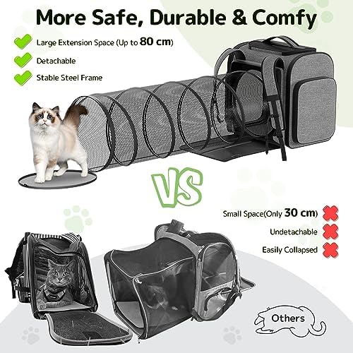 Pawtners Cat Backpack with Play Tunnel, Design for Carrying Playing Grey