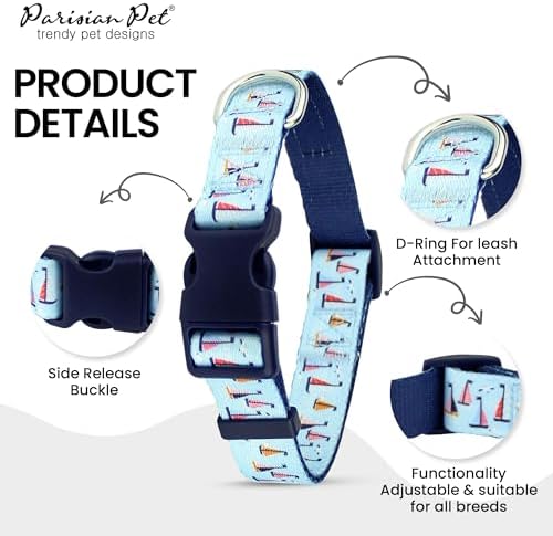 Parisian Pet Blue Sailboat Dog Collar - Adjustable Nautical Pet Collar with Secure Buckle and Metal D-Ring - Comfortable Designer Puppy Collars - Durable Nylon Dog Collars for Medium Dogs