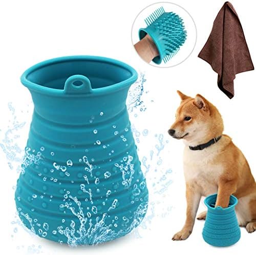 Idepet Dog Paw Cleaner Cup with Towel Pet Foot Washer Protable Dog Cleaning Brush for Puppy Cats Massage Grooming Dirty Claws(Blue)