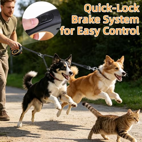 KOOLTAIL Dual Retractable Dog Leash for Two Dogs Up to 110 Lbs, Heavy Duty Double Headed 16 ft Extendable 360° Tangle-Free One Button & Lock Leash Shock Absorbing Bungee for Small Medium Large Dogs