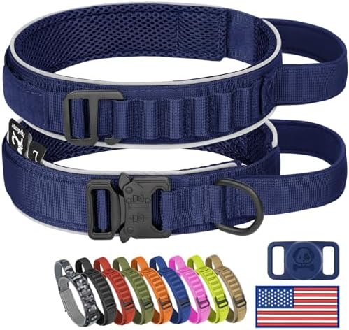 HYDEME Tactical Dog Collar, Alpine Loop Adjustable Military Training Nylon Dog Collars with Handle and Reflective for Small Medium Large Dogs, with Airtags Protective Case & Patches.(XL,Deepblue)