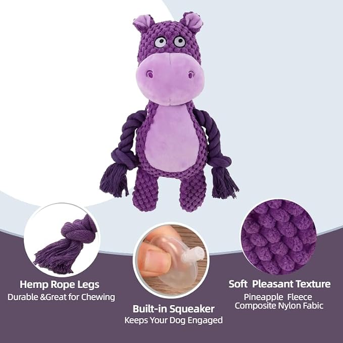 Plush Hippo Dog Toy with Rope Arms, Squeaky Interactive Pet Toy, Purple, for Small & Medium Dogs