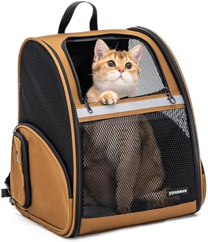 Cat Backpack Carrier for Small Dogs and Medium cat Puppy Kitten Bunny Pet Carrier Backpack Collapsible with Fully Ventilated Mesh with Safety Leash (Brown, 12.9" L x 10.62" W x 15.5" H - M)