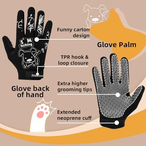 Seibertron Patented P.G.M.G-1 Pet Hair Remover/Deshedding Grooming Gloves Seven Sizes Fit All Works for Dogs, Horses, Cats and Other Animals Short Fur(1-Pair) Adult Black XL