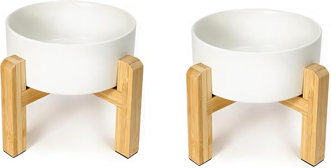 Ceramic Raised Dog Bowl with Bamboo Stand, for Small & Medium Dog, White×2