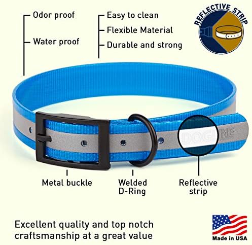 Dogline Biothane Translucent Reflective Waterproof Dog Collar Strong Coated Nylon Webbing with Black Hardware Odor- Proof for Easy Care Clean Fits Small Medium or Large Dogs - Blue 3/4" W x 15"-18" L