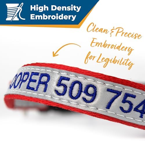 GoTags Embroidered Reflective Dog Collars with Metal Buckle, Personalized Dog Collar Custom Embroidered with Pet Name and Phone Number, Sizes for Puppy and Dogs Extra Small, to Medium and Large