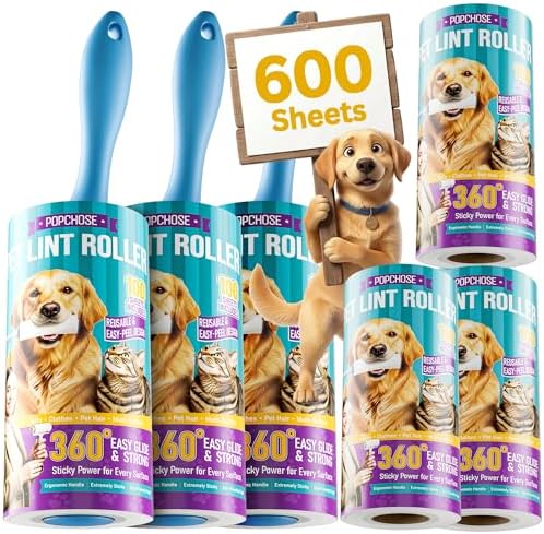 POPCHOSE Lint Roller for Pet Hair Extra Sticky, 600 Sheets with 3 Handles