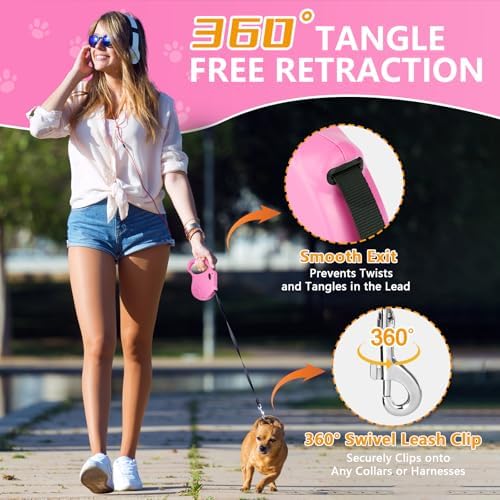 Retractable Dog Leash, 16ft Dog for Small Dogs up to 77lbs, Non-Slip Handle - Pink