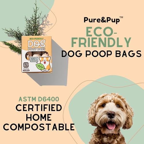 Pure & Pup 100% Certified Home Compostable Dog Poop Bags - Plant Based Corn Starch - Cute Poop Bags - 18 Dog Poop Bags Rolls - Extra Strong & Leak Proof - ASTM D6400 & EN 13432 Compliant - 270 Count