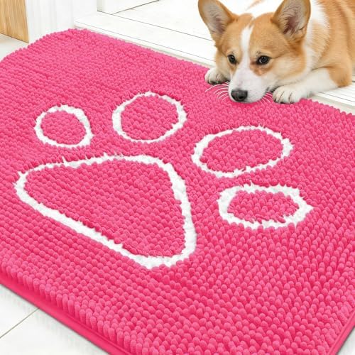 OLANLY Dog Door Mat for Muddy Paws 30x20, Paw Print Design Chenille Mud Mat