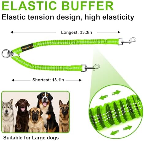 MingXpet 2 Dog Leash, Dog Leash for 2 Dogs, 360° Swivel No Tangle Double Walking Training Leashes for Large Dogs that Pull, Comfortable Shock Absorbing Reflective Bungee, Green