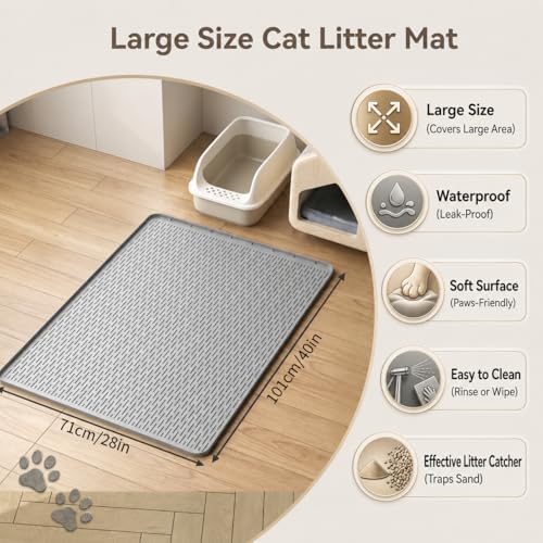 Cat Litter Mat, 40"x28" Extra Large, Waterproof Non Slip, Urine Proof & Easy Clean, Floor Protection Pad for Cat Litter Box Light Gray