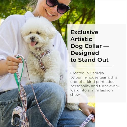 KIKI & RIKI Soft Nylon Dog Collar for Medium Dogs, Adjustable, Quick-Release Buckle, Size M (Neck 13.0-20.9"), Beige Artist-Designed Print