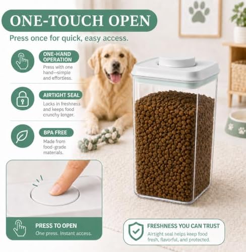 Pet Dog-Cat Airtight Food Storage-Container - 4.2Qt/4L jar with lid and 1/4Cup scoop | Holds 3–5 pounds of dry pet food | BPA-Free