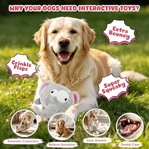 XIAPIA 3-in-1 Plush Elephant Squeaky Dog Toys for Aggressive Chewers